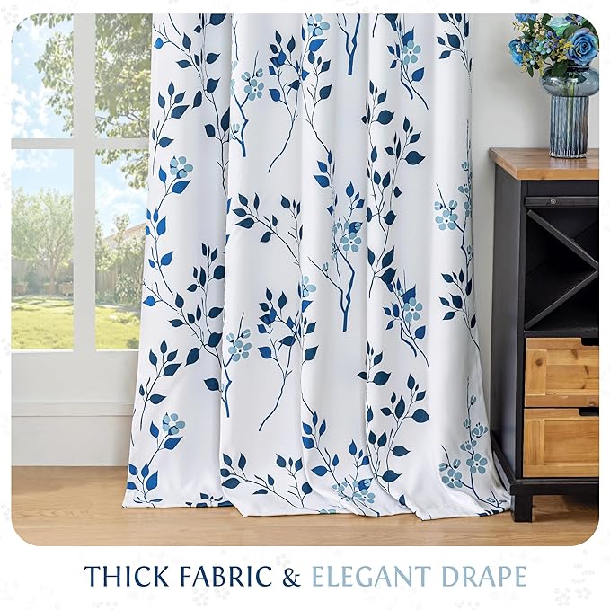 Beauoop Floral 100% Blackout Curtains 90 Inches Long 2 Panels for Bedroom Living Room Navy Blue and White Flower Patterned Room Darkening Thermal Soundproof Grommet Window Treatments Drapes, 52X90