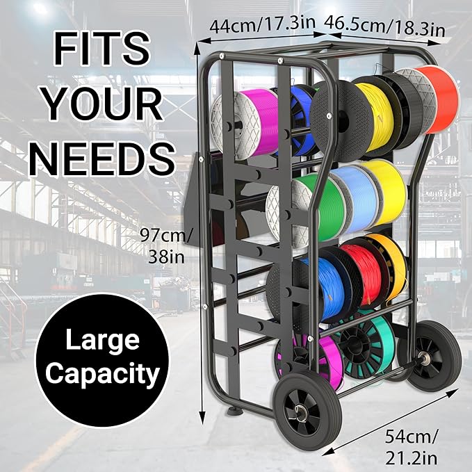 Tredre Wire Spool Rack with Wheels – Heavy Duty Cable Dispenser with 11 Rods, Mobile Wire Organizer Stand with Storage Box for Electrical & Workshop Use, Black