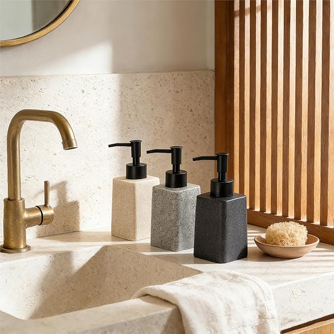 Bathroom & Kitchen Countertop Soap Dispenser, Modern Sandstone-Look Resin Bottle with ABS Pump, Durable Shatter-Resistant 8.5 oz Dispenser (Beige)