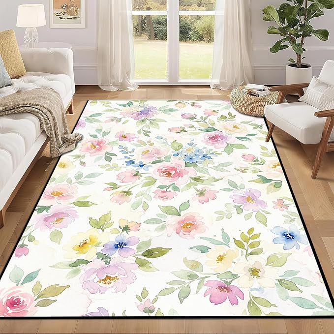 Watercolor Floral Rug 4'x6' Soft Pastel Botanical Area Rug for Entryway Bedroom Living Room Nursery Kitchen Playroom Home Decor Low Pile Non-Slip Washable Carpet
