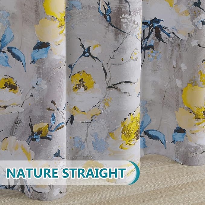 MYSKY HOME Yellow Curtains for Living Room Light Blocking Drapes 90 inches Long 2 Panels Half-Blackout Floral Curtains for Bedroom Window Treatment Grommet, Grey and Yellow