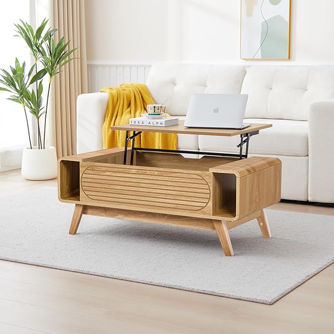 Small Lift Top Coffee Table with Hidden Compartment, Mid Century Modern Curved Coffee Table with Storage Shelf, Wooden Rectangle Center Table with Lift Tabletop for Living Room, Office (Natural)