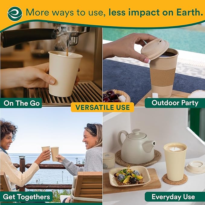 ECO SOUL 200 Pack 8 oz Disposable Coffee Cups Eco-Friendly, Biodegradable, Compostable, Leak-free & Sturdy To Go Hot Drink Travel Bagasse Cup for Tea, Chocolate, Party, Picnic & Cafe, Office & Home