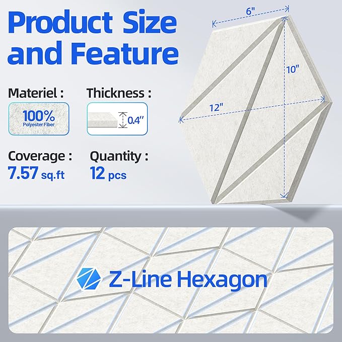 12 Pack Acoustic Panels with Self-Adhesive 12"X10"X0.4" Sound Proof Foam Panels for Walls, High Density Soundproof Wall Panels, Z-Line Hexagon Sound Dampening Panels for Home Studio Decor Office-Ivory