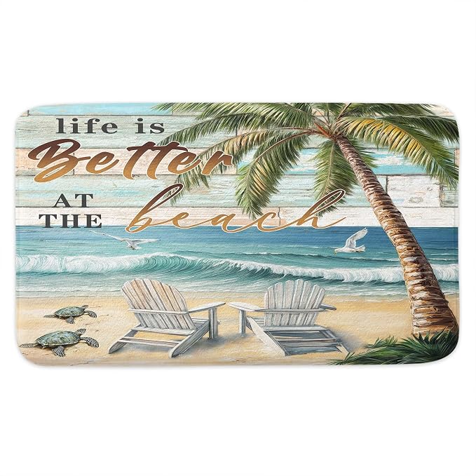 Beach Sea Turtle Seagull Palm Tree Ocean Bathroom Rugs Mat, Non Slip Rustic Beach Bath Rugs for Bathroom, Durable Rustic Wooden Flannel Mat Rug, Absorbent Water Mats for Laundry Room Kitchen,17X48