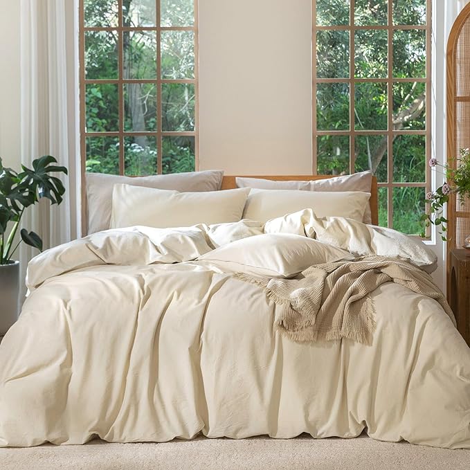 MooMee Bedding Duvet Cover Set 100% Washed Cotton Linen Like Textured Breathable Durable Soft Comfy (Heathered Almond Milk Grey, Oversized Queen 98"x98")