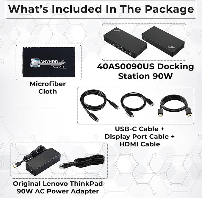 Lenovo 40AS0090US Thinkpad Docking Station Gen 2 - Supports 4K Display, 1 Year Warranty, Lenovo Docking Station with 90W Adapter, HDMI, USB-C, DisplayPort Cables - USB-C Thunderbolt 3 Dock (Renewed)