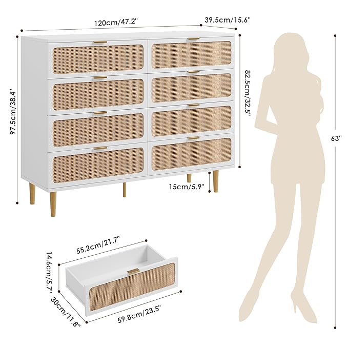 Garvee Rattan Dresser with 8 Drawers, Tall Modern Closet with Deep Storage, Large Chest of Drawers with Wide Top, Long Wooden Dresser for Bedroom, Living Room, Hallway, Kids Room, White