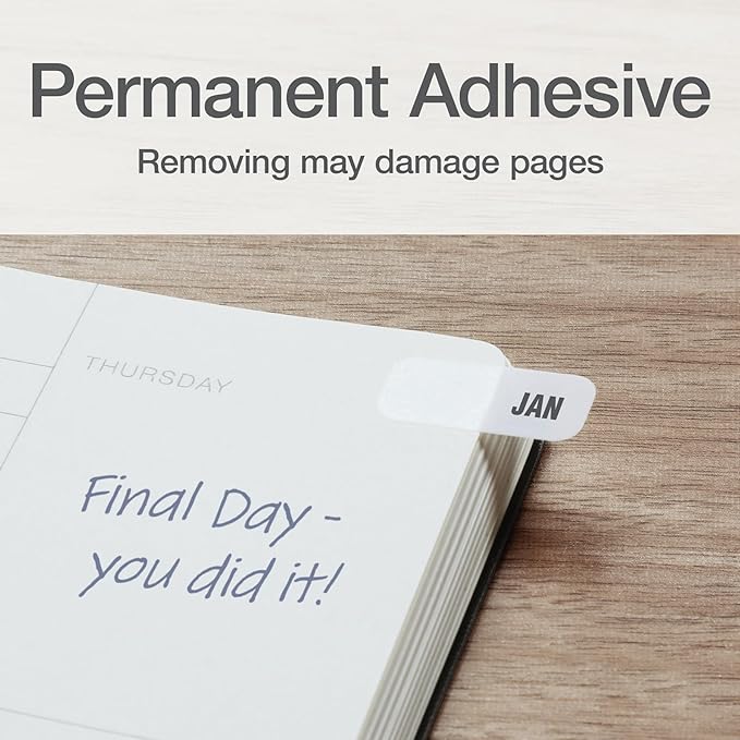 Redi-Tag Monthly Adhesive Tabs, Preprinted Tabs, 8 Sets of Jan-Dec Plus Bonus Blank Tabs, 7/17" x 1", Durable and Customizable Labels with Permanent Adhesive for Planners and Files, White (1006546)