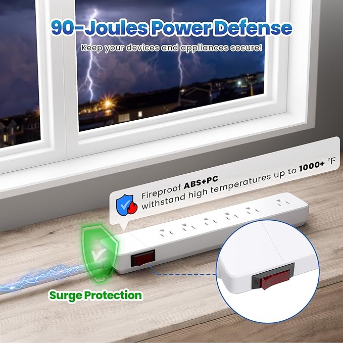Elecan 3 Prong Power Strip with 8 FT Extension Cord, 5 AC Outlets+1 Widely Spaced Outlet, Space Saving 45 Degree Flat Plug, 14AWG 1875W 125V 15A, Wall Mountable Multi Outlet Extender, ETL, White