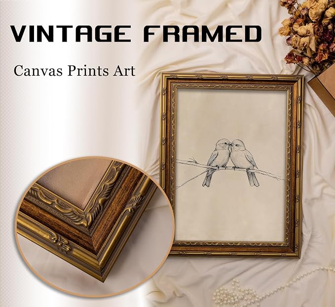 Vintage Gold Framed Bird Canvas Wall Art Two Birds Sketch Wall Decor Vintage Farmhouse Sketch Animals Artwork Retro Birds Painting Retro Rustic Print for Farmhouse Bedroom Living Room 12X16in
