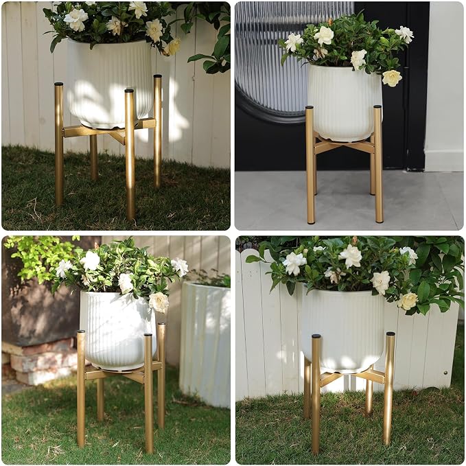 Adjustable Metal Plant Stand Indoor, Fits 8-14 Inch Pots, Mid Century Modern Gold Planter Holder,2 Heights, Heavy Duty 160 lb, Indoor Outdoor Corner Floor Pot Stand, Golden with Round Plate 2 Pack