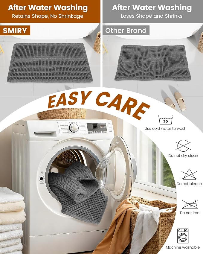 Smiry Waffle Bath Mat 47x24, Extra Soft Absorbent Bathroom Rugs, Non Slip Machine Washable Quick Dry Bath Rugs for Bathroom Floor, Tub, Shower, Home Decor Accessories, Dark Grey