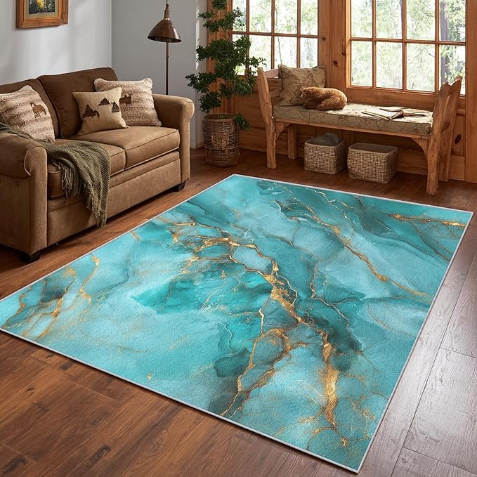 Turquoise Marble Abstract Area Rug, Blue Gold Pattern Carpet, Washable Non Slip Low Pile Soft Thin, Living Room Bedroom Home Decor Mat 6x9ft