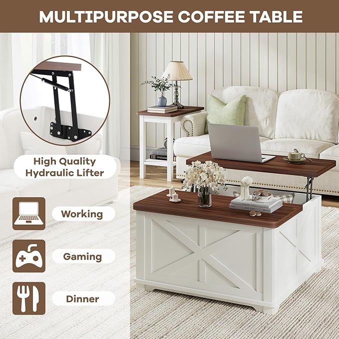 Airynee Farmhouse Coffee Table, 31.5" Lift Top Coffee Table with Storage, Square Coffee Tables for Living Room, Wooden Coffee Tables with Brown Flip-Top Lids for Home Office, White
