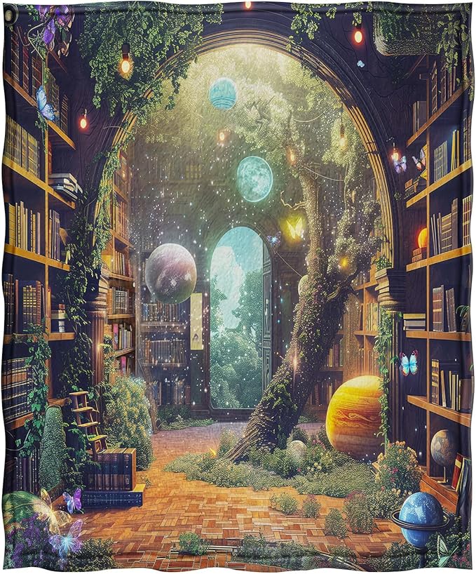 Jekeno Starry Sky Planet Bookshelf Blanket Gifts for Women Men Kids Halloween Birthday Christmas Library Book Bookcase Mysterious Tree Flowers Decor Bedroom Study Classroom Living Room Throw 50"x60"