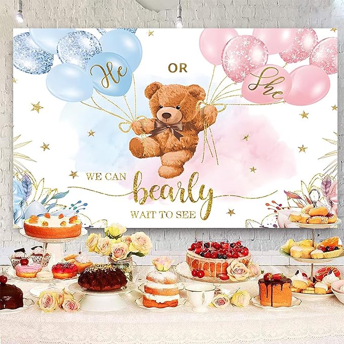 9x6ft Gender Reveal Backdrop Baby Bear Boy or Girl Photography Background Baby Shower Party Blue and Pink Banner Decorations Supplies Photo Booth Props