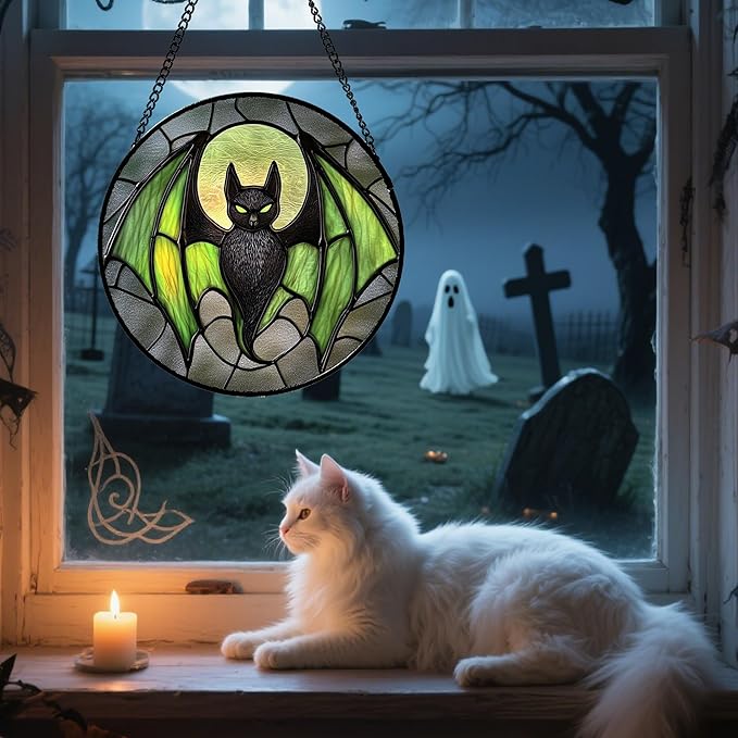 Stained Glass Window Hanging - Halloween Black Bat Green Wings Monster Suncatcher for Doors Garden Home Spooky Sun Catchers Gothic Decor Horror Gift for Women Men Friend Boy Girl 9.8 in