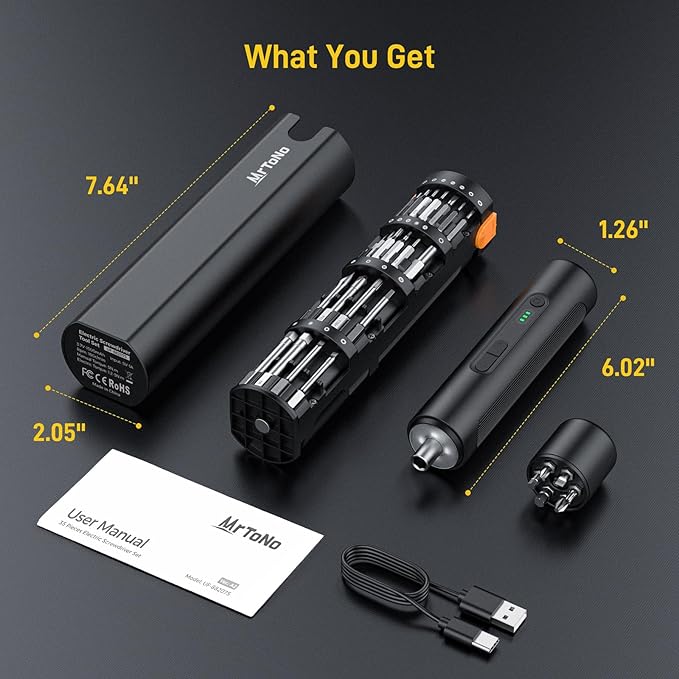 MrToNo Electric Screwdriver, Cordless Screwdriver Set, Power Screwdriver Set, 3 Torque Settings, 1500mAh Battery, 33 Magnetic Bits, LED Light, Rechargeable Tool for Furniture, DIY, Household Repair