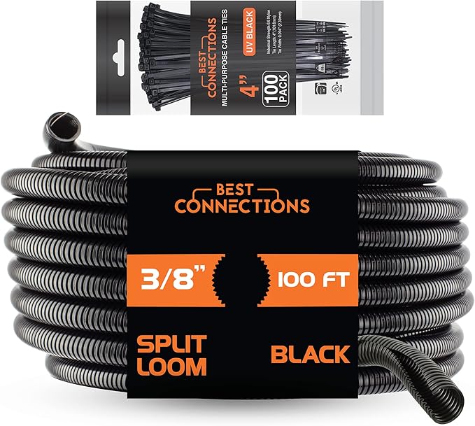 BEST CONNECTIONS 100 Ft – 3/8" Diameter Split Wire Loom Flex-Guard Convoluted Tubing with 100 Pcs x 4" Nylon Cable Zip Ties – Protective Split Cable Sleeves/Conduit – Black