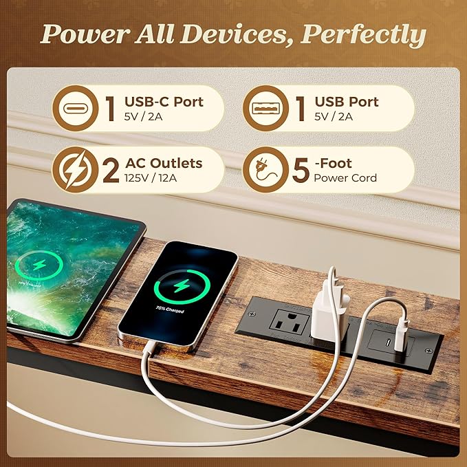 SUPERJARE 110.2 Inch Sofa Table with 2 Power Outlets and USB-C Port, 5.9 Inch Narrow Console Table with Storage, Extra-Long, for Entryway Hallway Couch Behind Sofa, Small Spaces, Rustic Brown