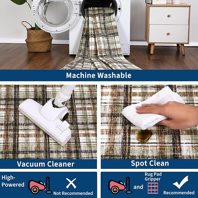 Washable Runners for Hallways 2x6 Rug Modern Bathroom Rugs Non Slip Kitchen Rugs Farmhouse Low Pile Entryway Rug Soft Stain Resistant Carpet for Laundry Hallway Bedside, 2'x6' Celadon&Coffee