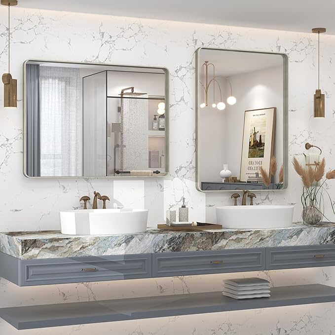 24x36 Silver Bathroom Mirror for Wall, Brushed Metal Framed Bathroom Vanity Mirror, Modern Rounded Corner Rectangle Mirror, Anti-Rust (Horizontal/Vertical)
