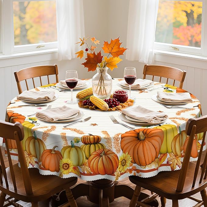 Eikione Round Thanksgiving Tablecloth, Round Fall Tablecloth 60 Inch, Pumpkin Table Cloth, Autumn Harvest for Christmas, Holiday, Birthday, Thanksgiving, Harvest