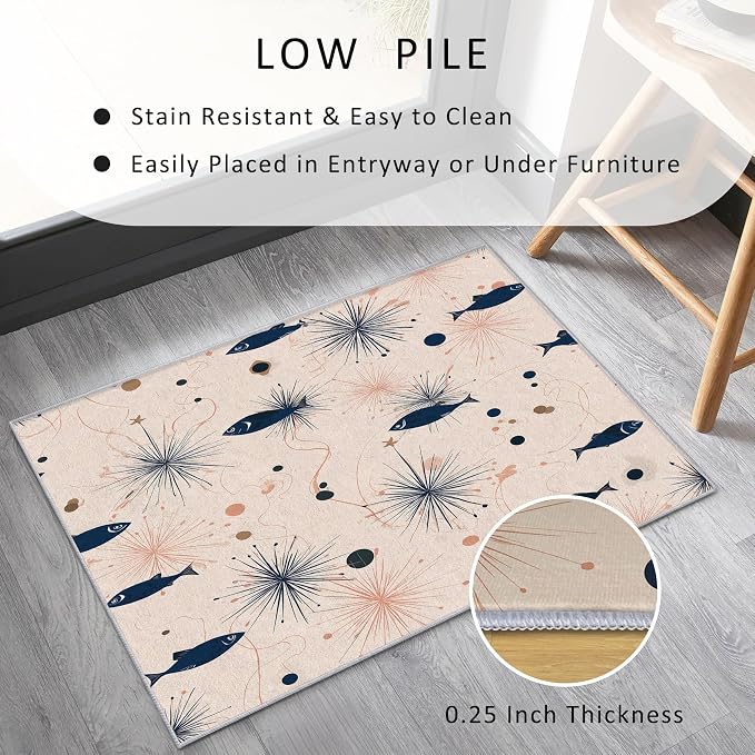 Mid Century Modern Rug 6x8 Starburst Atomic Fish Retro Pattern Area Rugs for Living Room, Bedroom, Mid Century Modern Home Decor Accessories Indoor Carpet, Non Slip & Machine Washable