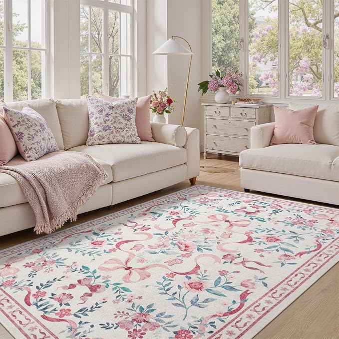 DCX Washable 6x9 Bow Rug, Pink Floral Rug for Girls’ Bedroom, Cute Soft Low Pile Indoor Décor Carpet, Kid & Pet Friendly Nursery Rug for Living Room, Dorm, Playroom