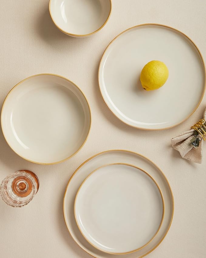 Pokini Large Holiday Dinnerware Sets for 8, Ceramic Plates and Bowls Set, Kitchen Dish Set, Microwave & Dishwasher Safe Dishware, Perfect for Christmas & Thanksgiving, Yellow White