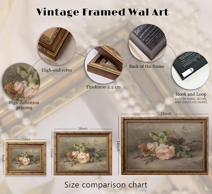 Vintage Gold Framed Flower Still Life Wall Art Retro Rose and Wildflower Wall Decor Pink Floral Print artwork Farmhouse Country Flower painting Picture for Gallery Kitchen Living Room Bedroom 12X16in