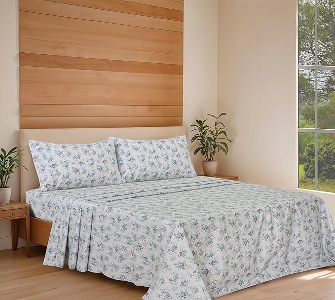 RUVANTI 100% Organic Cotton Sheets King Size, Percale Weave, GOTS Certified, 4-Piece Set, Deep Pocket 15", Crisp & Breathable, Soft Durable Bedding, Sábanas Algodón Orgánico – Blue Rose