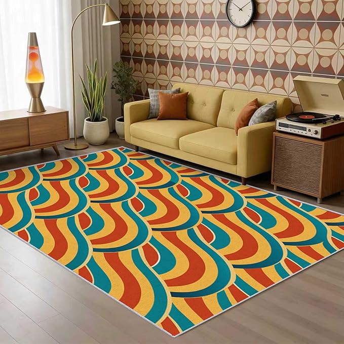 70s Rug Large 7x10 Retro Abtract Groovy Stripes Pattern Area Rugs for Living Room, Bedroom, 70s Home Decor Accessories Indoor Carpet, Non Slip & Machine Washable, GD0371