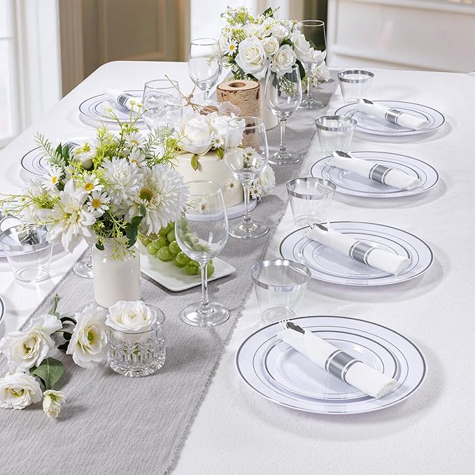 DaYammi 350PCS Silver Plastic Dinnerware Set for 50 Guests, Fancy Disposable Plates for Christmas, Include: 50 Dinner Plates, 50 Dessert Plates, 50 Pre Rolled Napkins with Silver Silverware, 50 Cups