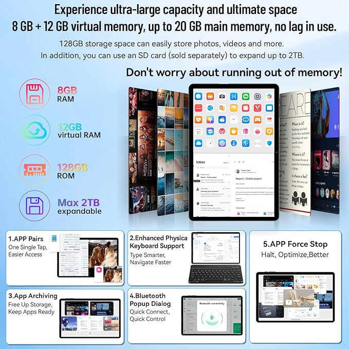 Android 15 Tablet 10 inch, 2025 Tablet with Keyboard, 2-in-1 Tablets with T615 Octa-Core, 20GB+128GB+2TB Expand, Gemini AI, 8MP Camera, 6000mAh, Android tablet with Keyboard, Mouse, Case, Stylus
