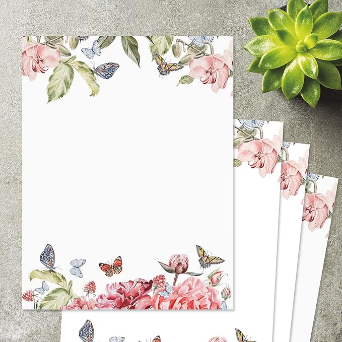 Current Flutter of Floral Letter Paper - Spring Stationery Papers With Decorative Flower Border, Printable Holiday, Wedding & Bridal Shower, & Invitation Sheets, Set of 25, 8 1/2" x 11"