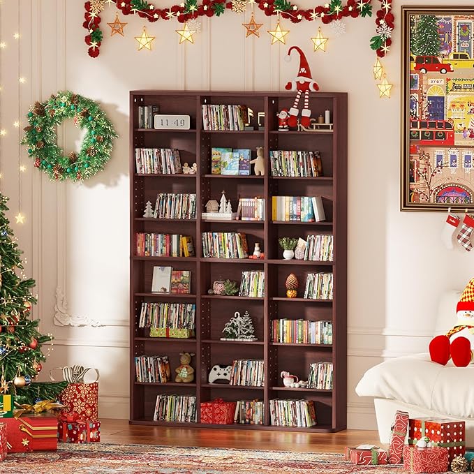 LELELINKY 8 Tier Tall Display Cabinet, Walnut Media Storage Cabinet with Adjustable Shelves, Free Standing DVD Organizer Shelf, Floor Multimedia Storage Manga Bookshelf for Living Room & Home Office.