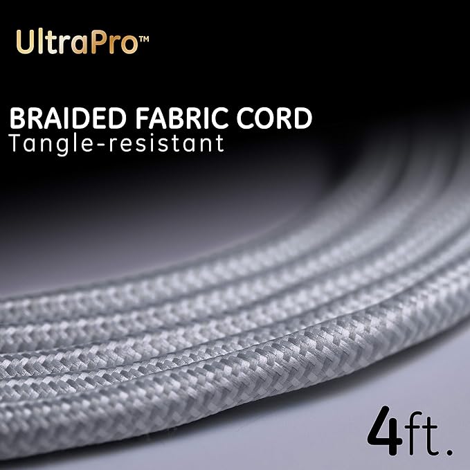 GE UltraPro 7 Outlet Surge Protector, USB-C Charging, 4 ft Designer Braided Extension Cord, 1440 Joules, ETL Listed, White, 41355