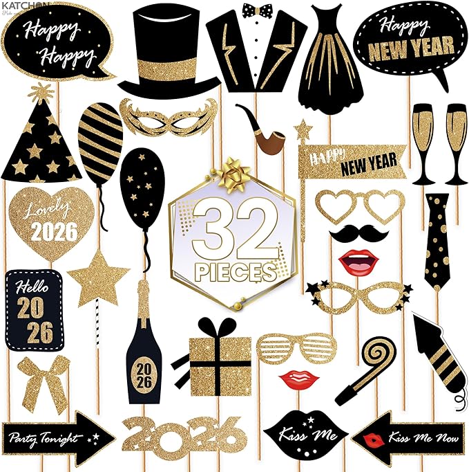 KatchOn, Glitter New Years Photo Booth Props 2026 - Pack of 32 | Photo Booth Props 2026, Happy New Years Decorations 2026 | Photo Props 2026, New Years Eve Party Supplies 2026