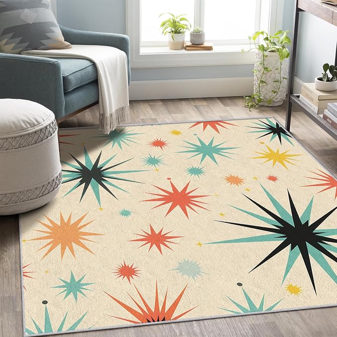 Retro Atomic Rug 8x10, Washable Mid Century Modern Rugs for Living Room Bedroom, Contemporary Geometric Area Rug for Home Decor, Non Slip Backing Floor Carpet with Gripper - 8 x 10 ft