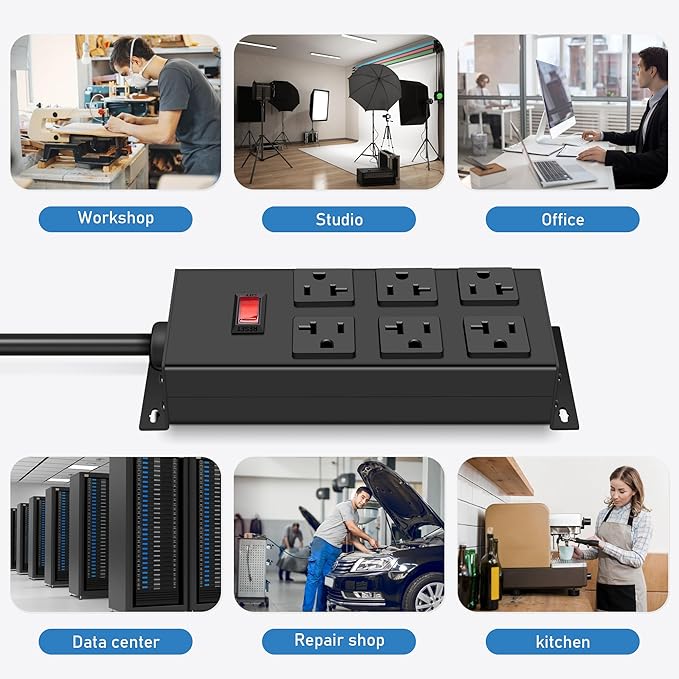 JUNNUJ 20 Amp Power Strip Heavy Duty 2 Pack, Garage 6 Outlets Metal 12 Gauge Surge Protector 3000J, High Amp 5-15P Adapter Shop 6-20R T-Slot Industrial (6AC 2-Pack, 6FT)