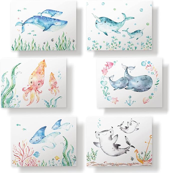 Twigs Paper - Assorted Ocean Animals Greeting Cards - Stationery Cards with Envelopes - Thank You Card - Blank Note Cards - Greeting Cards for All Occasions - Made in USA (5.5 x 4.25, Set of 12)
