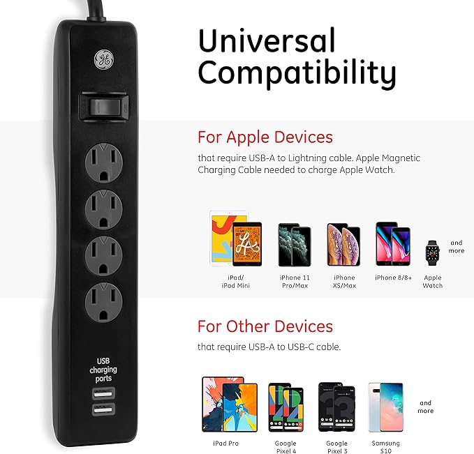 GE 4-Outlet Surge Protector, 2 USB Ports, 6 Ft Power Cord, 450 Joules, Flat Plug, Twist to Lock Safety Covers, Automatic Shutdown Technology, Circuit Breaker, Warranty, UL Listed, Black, 37465
