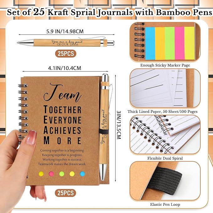 Jetec Inspirational Notebooks Bulk Spiral Notebook with Sticky Notepad Motivational Pens Valentines Day Gifts for for Employee Coworker Nurse Staff Teacher Nurse Volunteer(25 Sets,Team)
