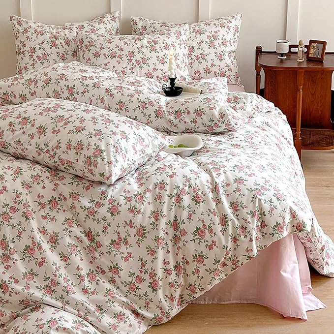 HighBuy Pink Floral Comforter Set Queen Vintage Floral Comforter Sets with Pink Botanical Soft Cozy Queen Bedding Comforter Set with 2 Pillowcases,Cute Floral Bed Comforter Sets for All Season
