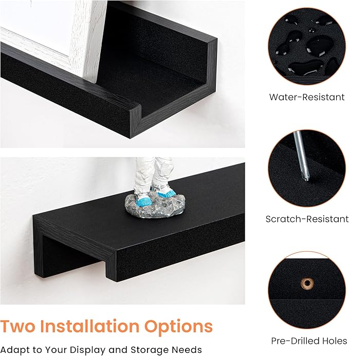 RICHFOCUS Picture Ledge Shelf, 16 inch Floating Shelves Set of 2, Wood Wall Shelves with Lip, Wall Decor Storage for Bedroom Living Room Bathroom Kitchen Nursery Photo Picture, Black