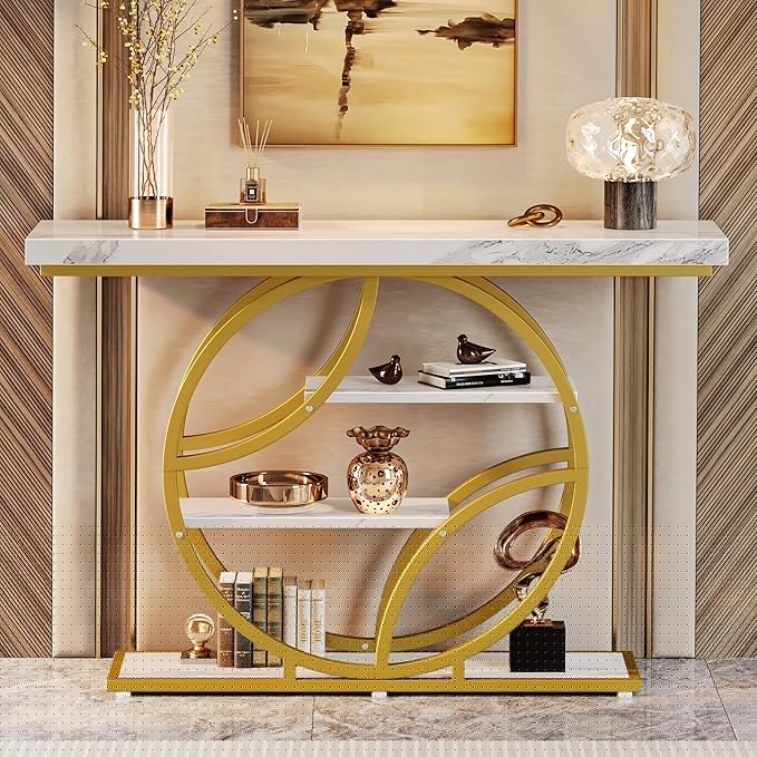 Huuger 47.2 Inch Entryway Table with Marble Top, Modern Console Sofa Table, Accent Table with Shelves, for Entry, Hallway, Entrance, Foyer, O-Shaped Metal Frame, White Marble & Gold