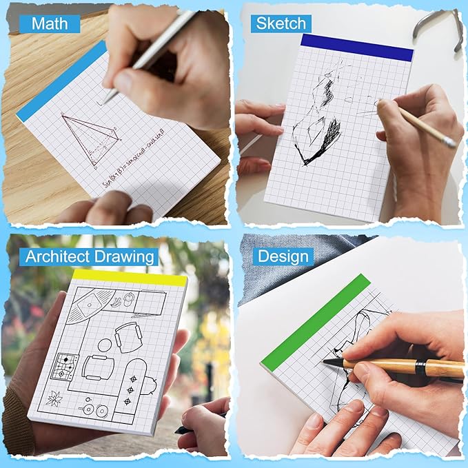 Tenceur 8 Pack Grid Paper Pad 4 x 6 Inch Graph Paper Pad, Graft Paper 30 Sheets Graph Ruled Grid Pad Notebook Notepads Memo Pads Math Grid Note Pad Scratch Pads Assorted Colors(4 Squares Per Inch)