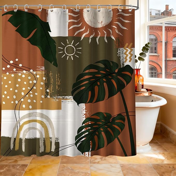 Mid Century Modern Shower Curtain Boho Abstract Tropical Leaf Shower Curtains for Bathroom Decor Sets, Waterproof Cloth Fabric with Hooks, 70x72 Inch
